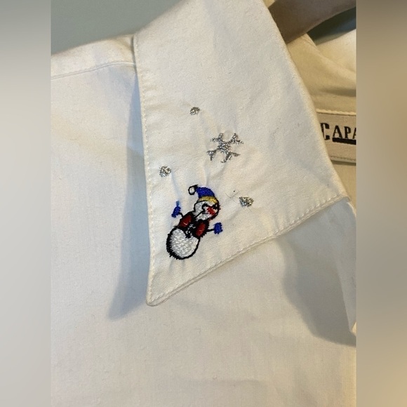 Vintage Capacity Embroidered Snowman Shoulder Pad Button Up Shirt, White, Med - Picture 4 of 14